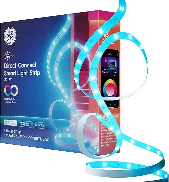 Cync GE Smart LED Strip Light, Color Changing Room Decor LED Light Strip, Works with Alexa and Google Home, Matter Compatible, LED Lights for Bedroom, Millions of Colors and White Tones, 32 Feet