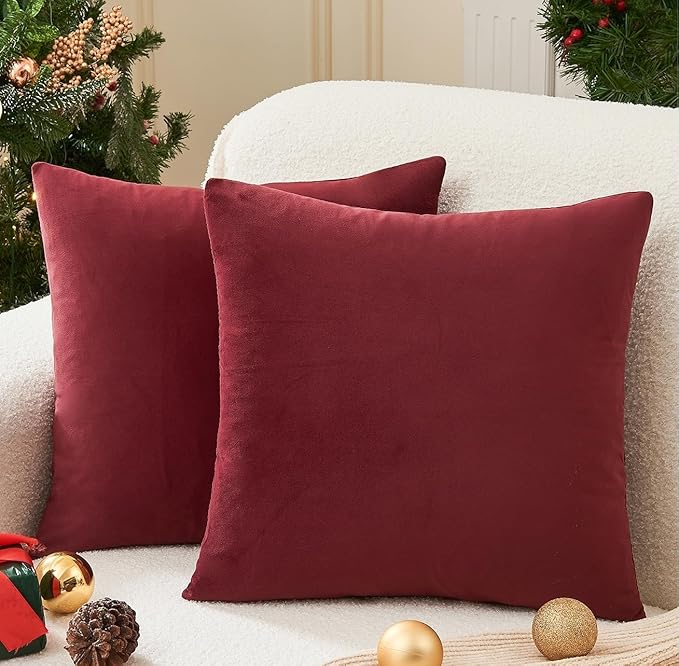 Christmas Burgundy Pillow Covers Set of 2 22x22 Inch Throw Pillow Covers, Soft Velvet Xmas Wine Red Decorative Pillow Covers for Couch Sofa Bed Living Room, Home Modern Decor