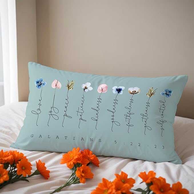 Fruit of The Spirit Bible Verse Pillow Covers 12x20, Boho Floral Christian Throw Pillow Covers for Home Office Church Decor, Christian Gifts for Women, Faith Based Gifts(Blue Grey)