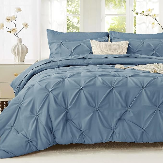Sasttie King Size Comforter Set, 7-Piece Bed in a Bag, Pintuck Bedding Set for All Season, Includes Comforter, Flat Sheet, Fitted Sheet, Pillowcases and Pillowshams, Slate Blue