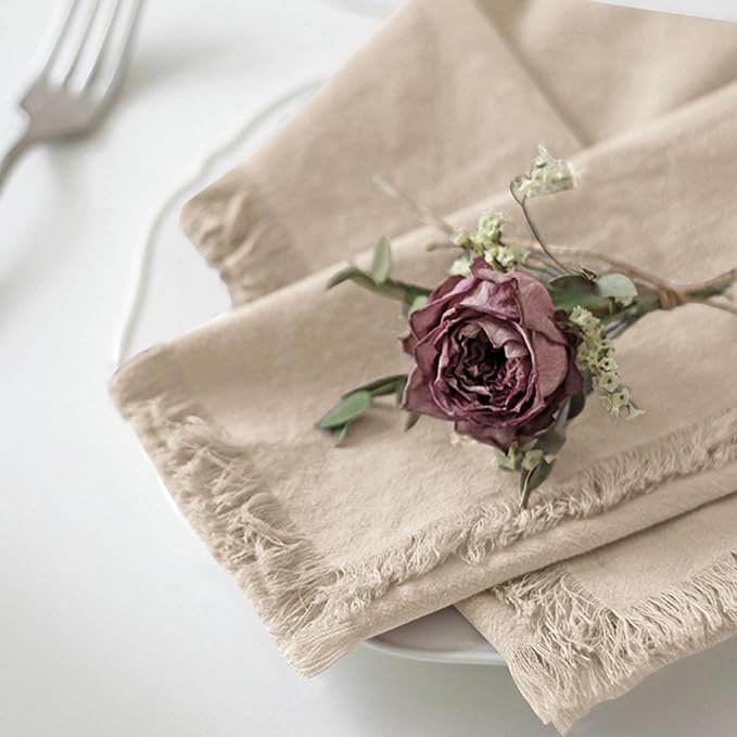 Handmade Cloth Napkins 100% Cotton Napkins with Fringe，Delicate Handmade Cloth Napkins for Dinners, Parties, Weddings and More，18 x 18 Inch Set of 4 - Beige