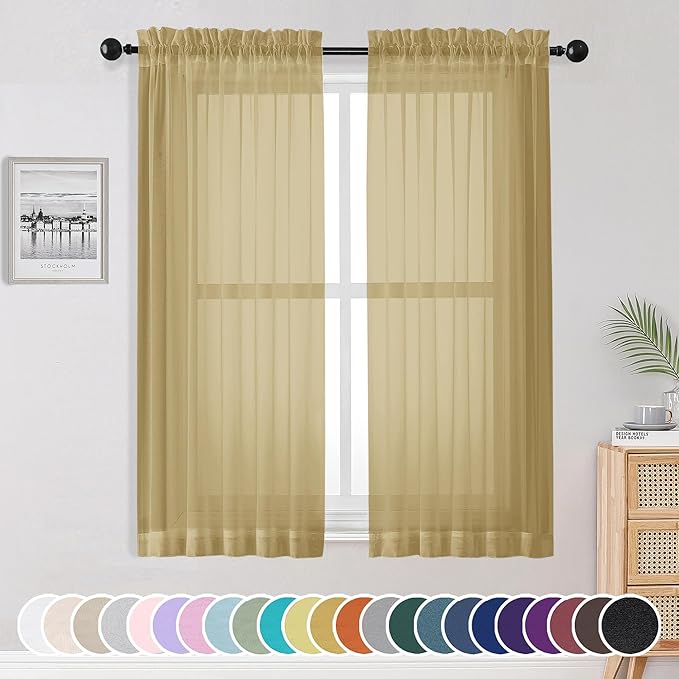 OWENIE Gold Sheer Curtains, 63 Inch Length 2 Panels Set, Soft Voile Drapes for Living Room, Bedroom, Rod Pocket, 2pcs, Each 42" W x 63" L