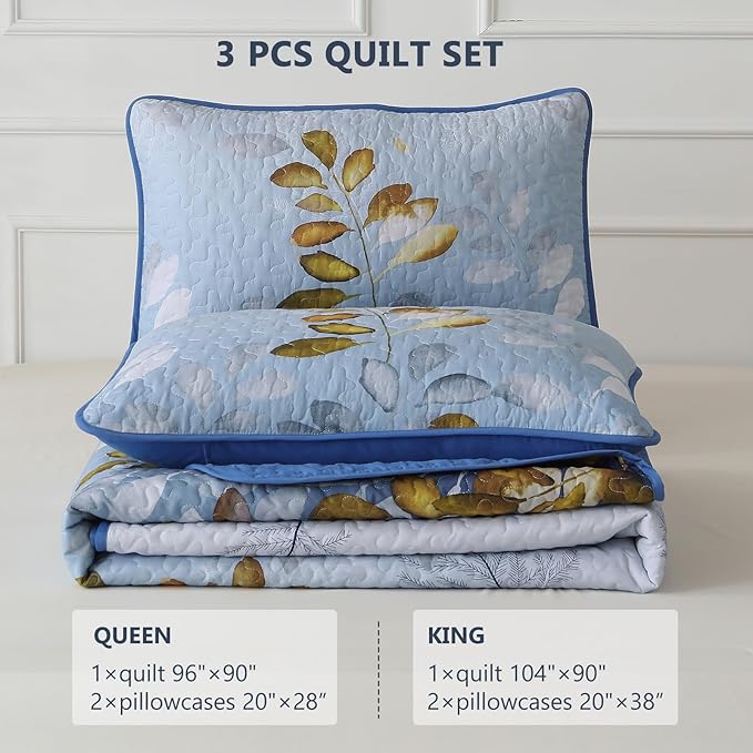 WONGS BEDDING 3 Pieces Quilt Set Queen Size, Blue-Gold Floral Bedspread Coverlet Set, Soft Microfiber Lightweight Floral Bedding Set King 104"×90"