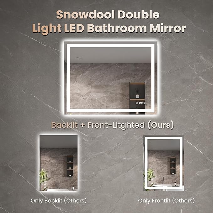 24"X36" LED Bathroom Mirror with Front Lights and Backlit, Anti-Fog, Dimmable, Shatter-Proof Tempered Glass, Lighted Bathroom Vanity Mirror for Wall with 3 Colors, Memory Function