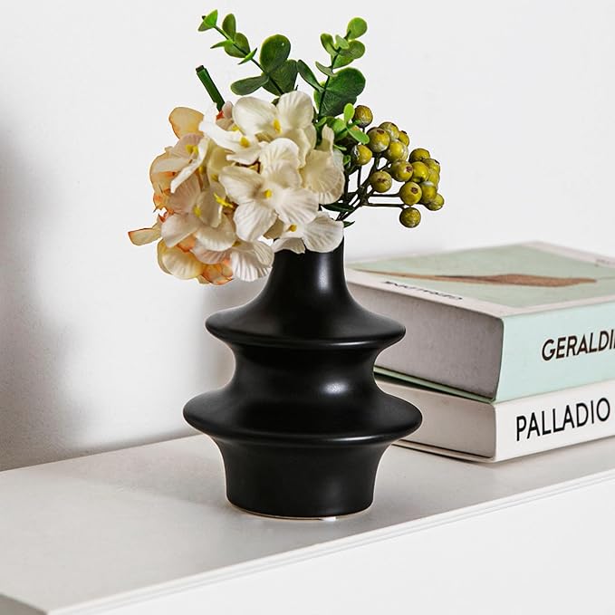 Boho Ceramic Vase Set, Matte Black Aesthetic Vase, Small Mid Century Vases for Home Decor, Nordic Minimalist Vase for Entryway, Living Room Decoration, Table Centerpieces