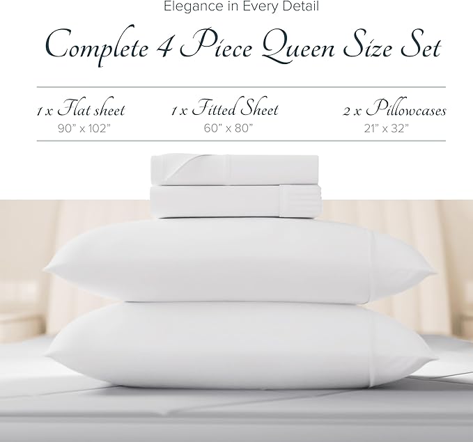 Carressa Linen 100% Egyptian Cotton Sheets Queen Size Bed Set - Luxury 1500 High Thread Count Egyptian Cotton Queen Sheet Set (4 PC, White), 17" Deep Pocket, Silky Soft, Cooling, Sateen Weave Bedding