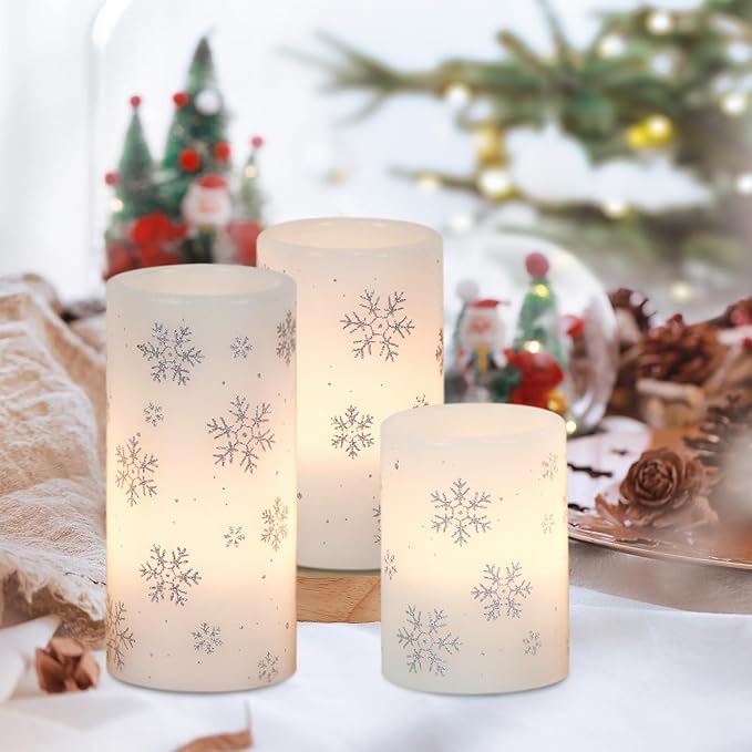 DRomance Silver Snowflake Flameless Flickering Candles Battery Operated with 6H Timer, 3 Pack Real Wax Warm Light LED Pillar Candles Dinner Tabletop Holiday Centerpiece Decor 3" x 6"