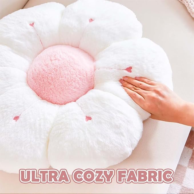 Flower Pillow, Cute Flower Shaped Decorative Pillow, Soft Rabbit Fur Daisy Pillow Home Decor Floor Seating Cushion for Bedroom Living Room (Black 19.6 Inch)