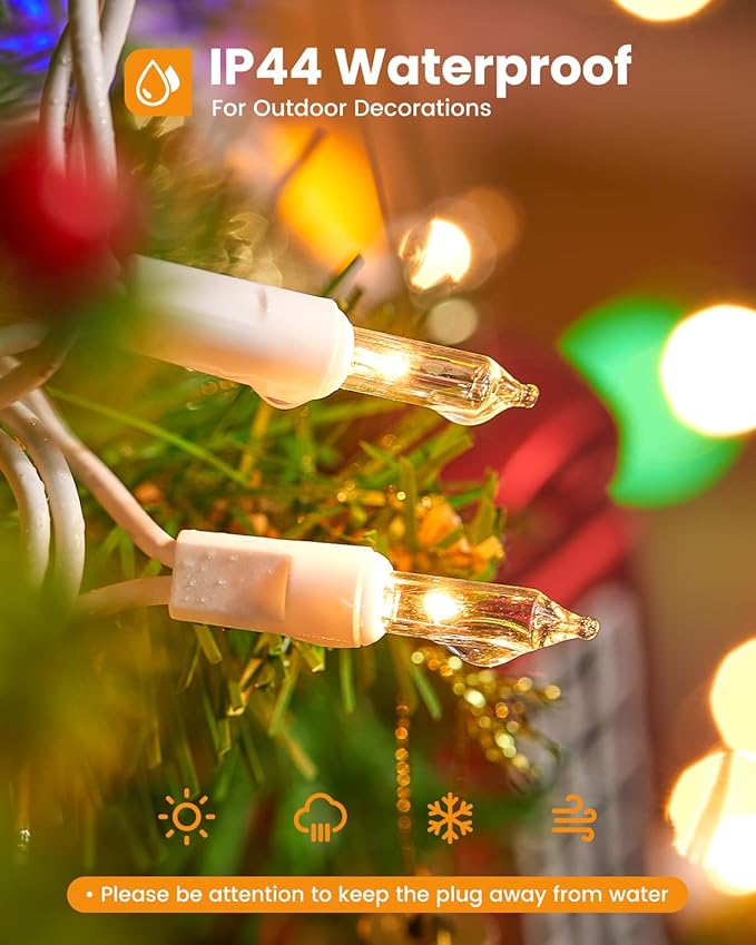 Minetom Clear Christmas String Lights 100 Count 26.5 Feet Incandescent Bulb Mini Lights for Indoor Xmas Tree Garland Birthday Wedding Party Festival Decoration, 2 Pack White Wire