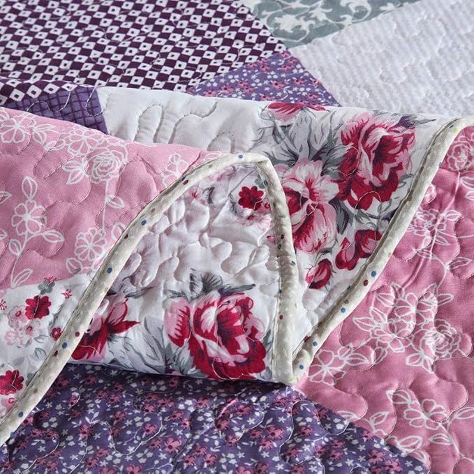 Homcosan Quilt Bedspreads Sets King Size (98x106 inches), Reversible Purple Floral Patchwork Patterns, Lightweight Coverlet for All Season, 3-Piece Bedding (1 Quilt + 2 Pillow Shams)