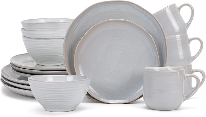 Elanze Designs Reactive Glaze Farmhouse Rustic Boho Ceramic Stoneware Dinnerware 16 Piece Plate Bowl Mug Dish Set - Service for 4, Pale Grey