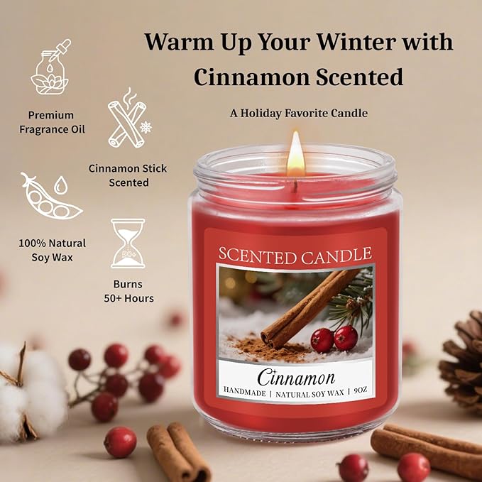 Homsolver Cozy 9OZ Cinnamon Candle Scented Strong, Christmas Candles Cinnamon Stick Apple Scented with 50+ Hours of Burn Time, Fall & Winter Christmas Candles Gifts & Hoilday Home Décor