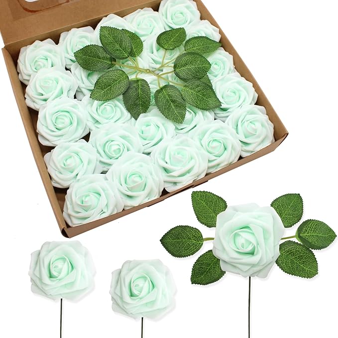 100Pcs Light Green Artificial Flowers Realistic Roses, Real Looking Fake Roses with Stem for DIY Wedding Bouquets Centerpieces Bridal Shower Party Home Romantic Decorations (Light Green, 100pcs)