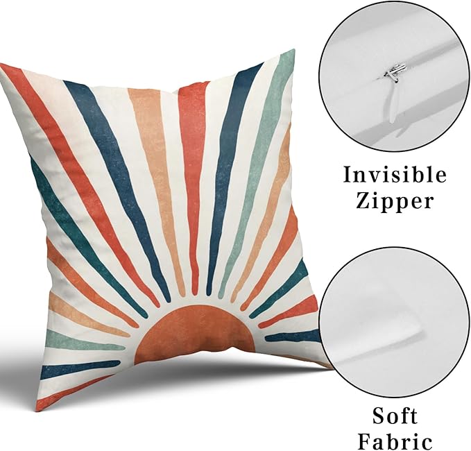 Giwawa Summer Pillow Covers 18x18in Set of 2 Colorful Boho Sun Sunset Sunrise Decorative Cotton Pillow Cases Sunshine Rainbow Stripes Throw Cushion Covers for Sofa Couch Bedding Patio