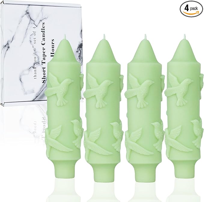 Green Short Taper Candle Hummingbird CandleSticks Dripless Mini Tapered Candles for Christmas Home Decor 6 inch Set of 4,Green