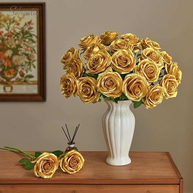 Serwalin 20pcs Artificial Gold Roses, 4'' Big Flower Head, Fake Roses Velvet Real Touch, Silk Roses Long Stems Realistic Bouquet for Wedding Parties Table Centerpiece and Home Decor