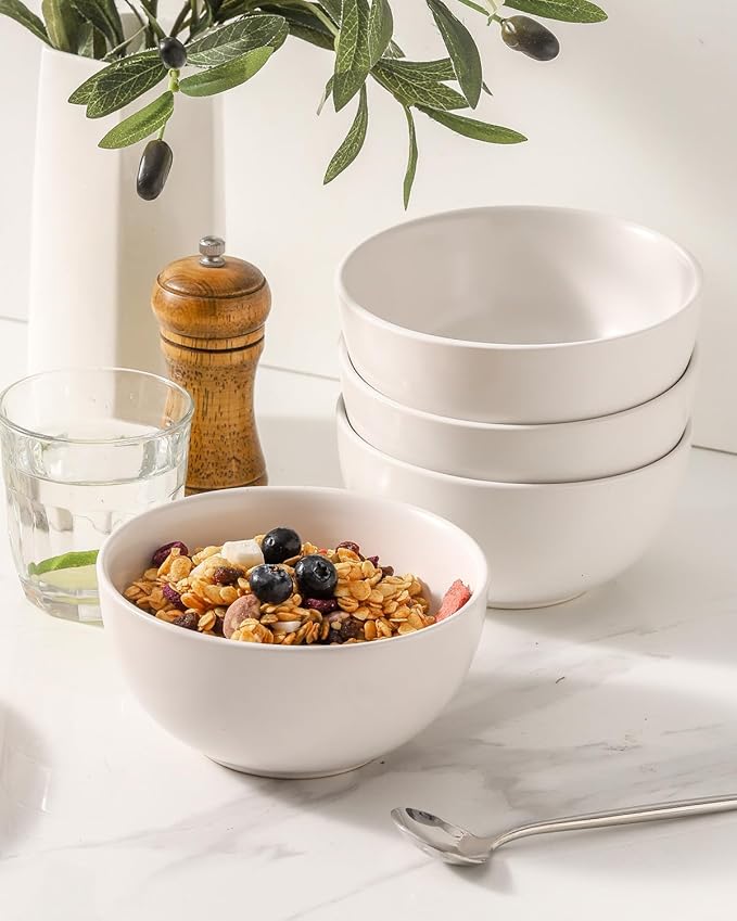 Cereal Bowls Set of 4, 24 oz Bowls for Kitchen, Ceramic Bowls for Salad, Fruit, Breakfast, Dessert, Stoneware Soup Bowls, Dishwasher & Microwave Safe, Matte White