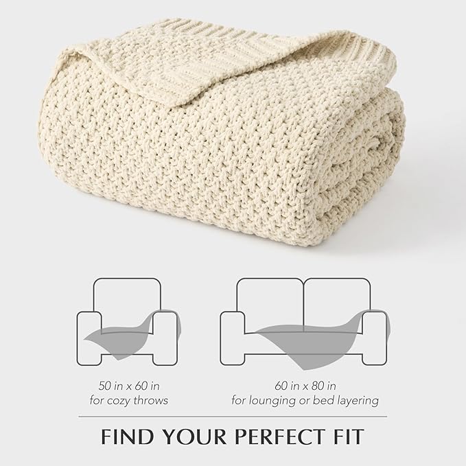 EVERGRACEHOME Chunky Chenille Knit Throw Blanket for Couch, Soft Luxurious Moss Stitch Blankets for Bed, Cozy Decorative Farmhouse Knitted Throws for Sofa, Beige, 50" x 60"