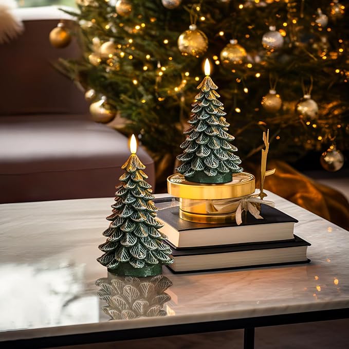 Homemory Christmas Tree Candles with 6 Hours Timer, 2 Pcs Waxy LED Flameless Candles Flickering, Green Electric Candles Battery Operated for New Year Celebration Holiday Decorations 8.5 Inches