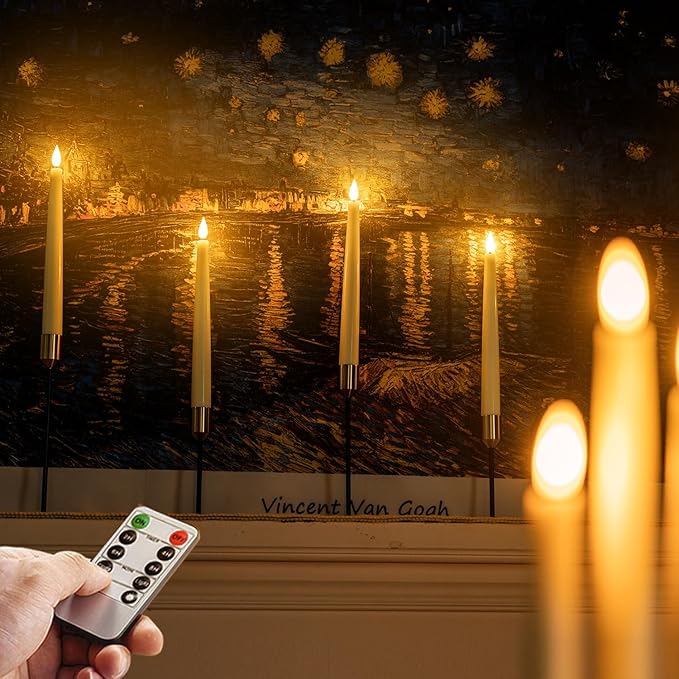 Homemory 3 Pcs Waxy Flameless Taper Candles with Remote, Flickering Battery Operated Classic Tall Candles for Home, Wedding, Party, Ivory, 9.6 inches