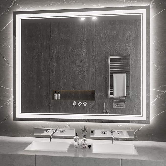 Vanity Mirror with Lights, 48x40 Inch Gradient Front and Backlit Smart Mirror, 3 Colors Dimmable CRI>90 Double Lights, IP54 Enhanced Anti-Fog, Hanging Plates Wall Mount LED Mirror
