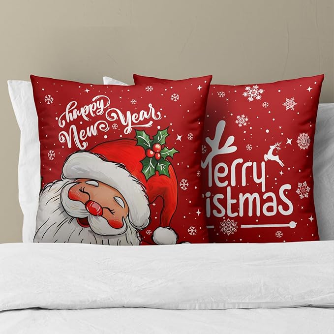 Red Christmas Santa Pillow Covers - Happy New Year Throw Pillow Covers 22x22 Set of 2 Xmas Pillow Cases Winter Snowflake Cushion Cases for Sofa Couch Home