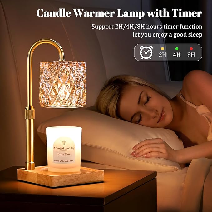 Hong-in Candle Warmer Lamp with Timer -Dimmable Adjustable Height,House Warming Gifts New Home,Vintage Home Decor with Elegant Amber Glass,Birthday Gifts for Women, Mom, Friend and Sister