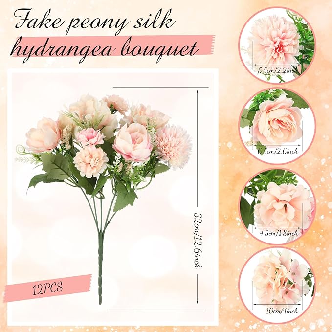 Tigeen Artificial Flowers Artificial Peonies Silk Flowers Faux Peony Fake Peony Silk Hydrangea Bouquet for Wedding Table Centerpiece Floral Vase Decor(Pink,24 Bundles)