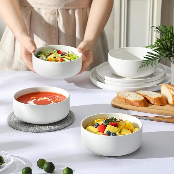 MALACASA 24 OZ Cereal Bowls, 5.8 Inch Soup Bowls Ceramic Bowl Sets of 4, Breakfast Bowls Set for Kitchen, Dishwasher Microwave Oven Safe, White, Series LUNA