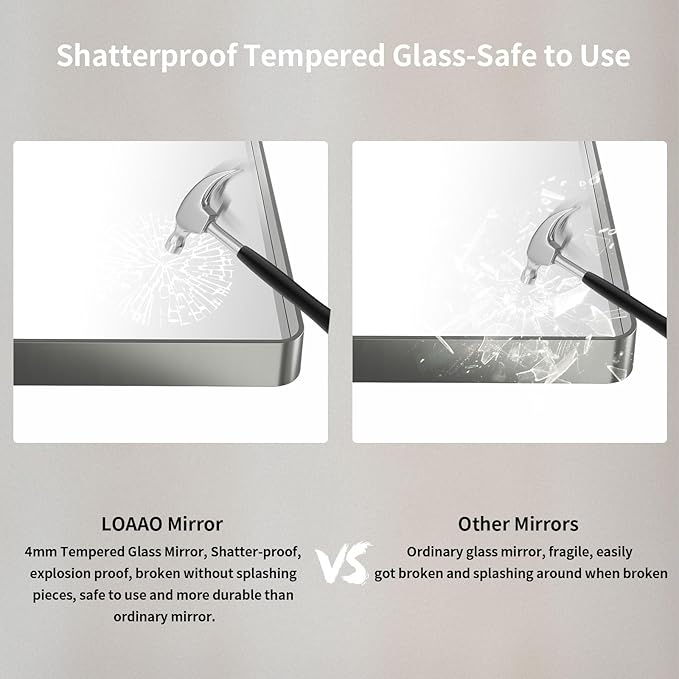 LOAAO 48X36 Inch Brushed Nickel Bathroom Mirror, Rounded Rectangle Silver Metal Frame Mirror, Brushed Nickel, Anti-Rust, Shatter Proof, Hangs Horizontally or Vertically