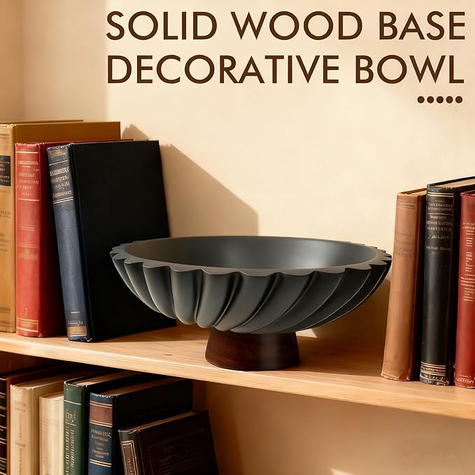 Black Concrete Bowl with Wooden Base, Modern Decorative Fruit Bowl for Table Centerpiece, Living Room or Kitchen Decor