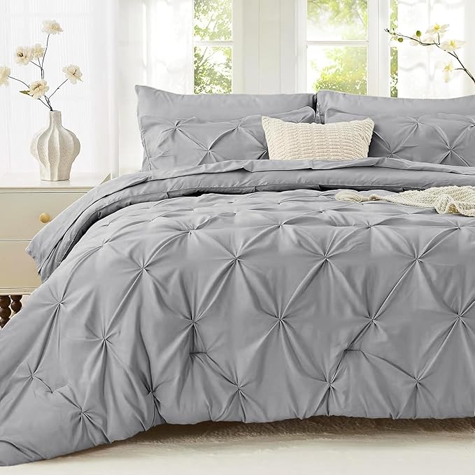 Sasttie Twin Comforter Set, 5-Piece Bed in a Bag, Pintuck Bedding Sets for All Season, Includes Comforter, Flat Sheet, Fitted Sheet, Pillowcase and Pillowsham, Light Grey