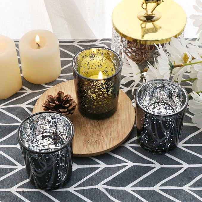 Black Mercury Glass Tea Light Holders Set of 36 - Elegant Votive Candle Holders for Weddings, Showers and Home Decor - Perfect for Table Centerpieces and Parties (Glass, Black)