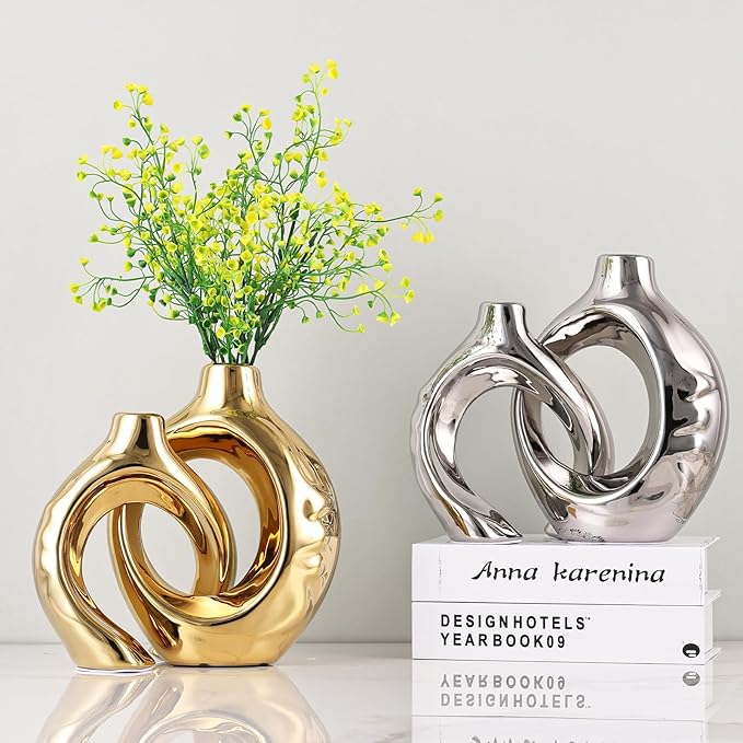 LCCCK Gold Ceramic Vases for Home Decor, Boho Vase for Flowers Pampas Grass Decorative, Hollow Donut Small Vase for Living Room Table Wedding Centerpiece Modern Vases (Gold)