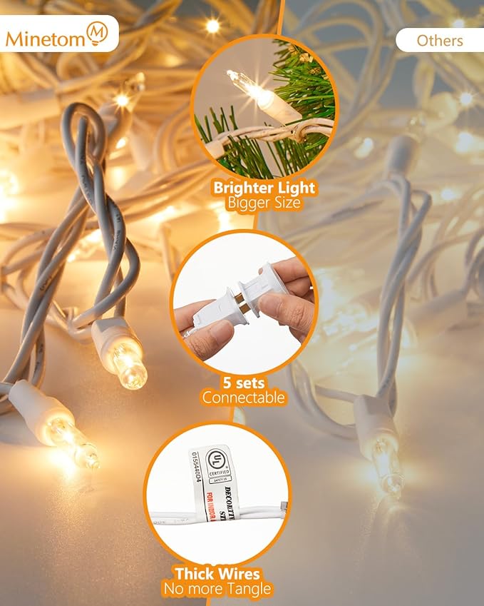 Minetom Clear Christmas String Lights 100 Count 26.5 Feet Incandescent Bulb Mini Lights for Indoor Xmas Tree Garland Birthday Wedding Party Festival Decoration, 2 Pack White Wire