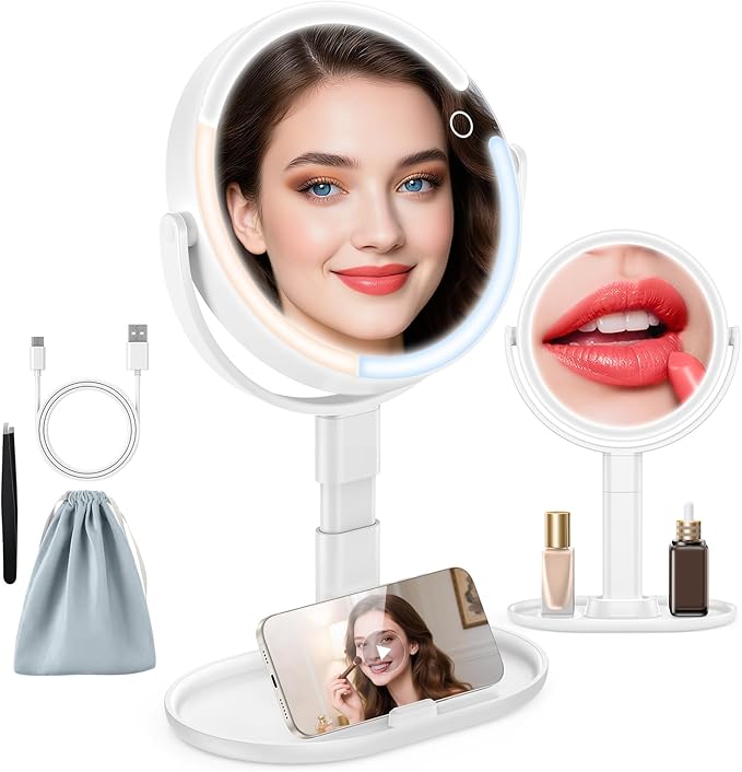15X/1X Makeup Mirror with Lights, 4000mAh Vanity Mirror with 3 Lighting and Adjustable Brightness, 2-Sided Height Adjustable Lighted Magnifying Mirror, Make Up Mirror Gifts for Elder Women
