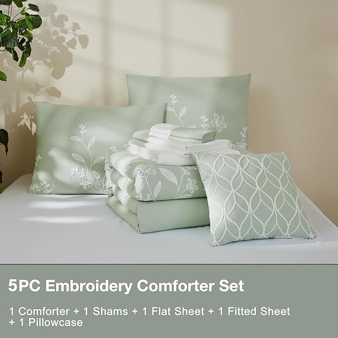 MaiRêve Embroidery Comforter Sets Green Twin Size, Farmhouse Floral Twin Bedding Sets 5 Pieces, Warm Fluffy All Season Bed Set and Comforter Sets(Green, Twin,66"x86")