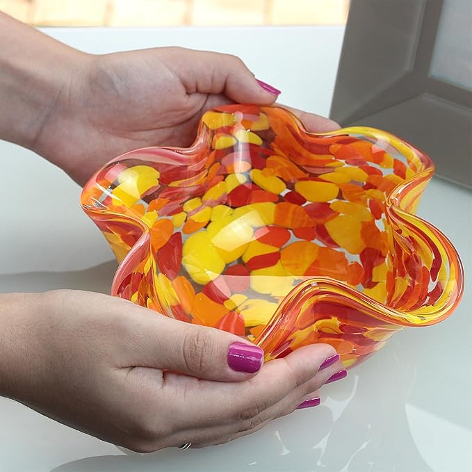 Ca D Oro Murano Style Decorative Orange Glass Bowl Confetti Effect Hand Blown Art Glass Crystal for Home, Room Decoration and Centerpiece - Waved