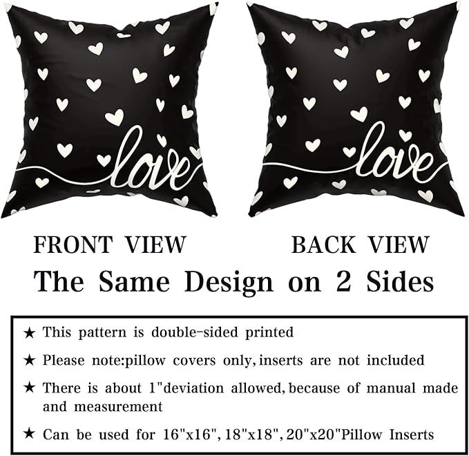 Giwawa Valentines Day Pillow Covers Set of 2 Black Love Hearts Throw Pillowcases Romantic Decorative Double Sided Cotton Square Cushion Covers 20x20inch for Sofa Couch Bedding Wedding Anniversary