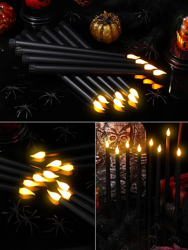 Treela 24 Pcs Flameless Taper Candles Battery Operated Bulk Fake 11 Inch Candles Light LED Candlesticks Flickering Tapered for Wedding Halloween Christmas Decoration(Black,Basic)