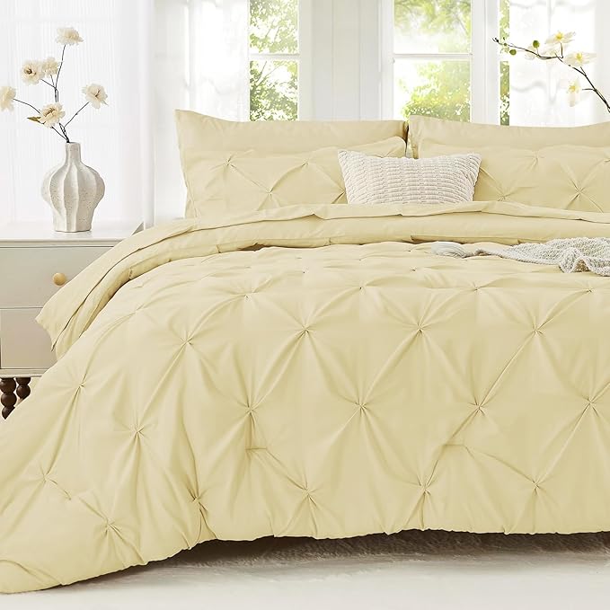 Sasttie Queen Comforter Set, 7-Piece Bed in a Bag, Pintuck Bedding Sets for All Season, Includes Comforter, Flat Sheet, Fitted Sheet, Pillowcases and Pillowshams, Pale Yellow