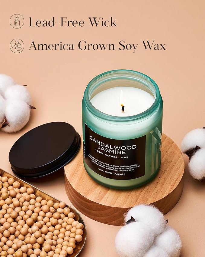 M&SENSE Sandalwood Jasmine Scented Candles, Natural Soy Wax Best Smelling Candle 7.05oz 50 Hour Burning，Floral Non Toxic Single Cotton Wick Aromatherapy Gifts for Women Friend