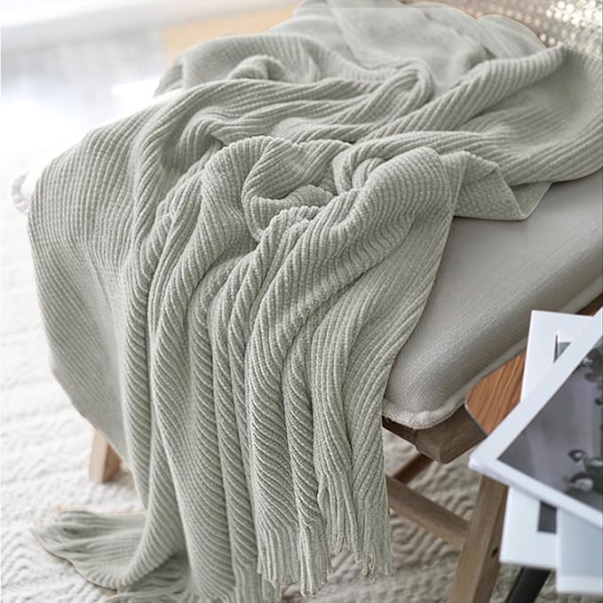 inhand Throw Blanket for Couch Bed,Chunky Chenille Woven Soft Blankets with Tassels,Cozy Boho Farmhouse Fall Winter Decor,Warm for Women,50"x60",Extra Thick-Light Grey