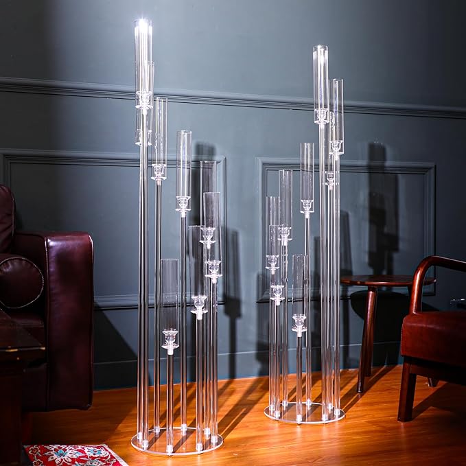 Vesici 2 Pcs 8 Arm Acrylic Candelabra Centerpieces for Tables 49.6 x 11 Inch Candlesticks Holder Clear Acrylic Candle Holder for Wedding Ceremony Floor Home Dinner Party, Fit 0.8" LED Candle