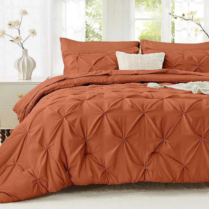 Sasttie King Size Comforter Set, 7-Piece Bed in a Bag, Pintuck Bedding Set for All Season, Includes Comforter, Flat Sheet, Fitted Sheet, Pillowcases and Pillowshams, Burnt Orange