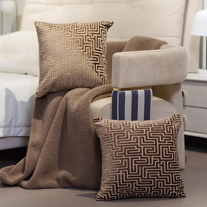 HPUK Geo Cut Velvet Throw Pillow Covers Pack of 2, 18x18 Inch Accent Cushion Covers for Living Room, Bedroom, Decorative Pillow Covers for Couch, Sofa, Chair, Brown