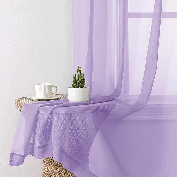 Aiyufeng Light Purple Sheer Curtain Panels Pair Sold 54 Inch Length, Light Filtering Window Curtain Drapes Treatment for Kitchen, Bedroom/Children Room, Voile Top Dual Rod Pocket, 2 Pack of 42 x 54"