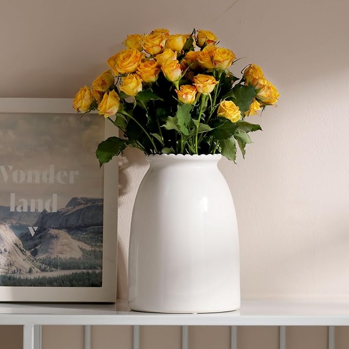 hjn White Flower Vase- Ceramic Vase for Flowers, Modern Vases for Living Room/Home Decor Accents/Entryway/Mantel/Bookshel-White