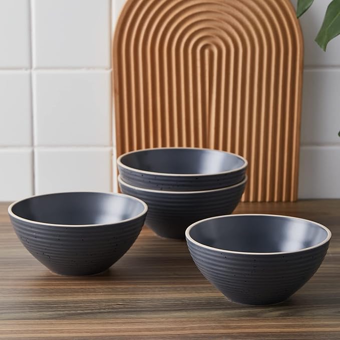 Stone Lain Lauren Stoneware, Rustic Plates and Bowls Set, Dinnerware, Service for 8, Speckled Charcoal, Dishwasher & Microwave Safe, 32-Piece