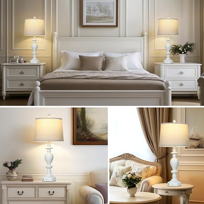28" White Farmhouse Table Lamps Set of 2 with USB C+A Ports & AC Outlet for Vintage Living Room Rustic Bedroom,3-Way Dimmable Touch Lamp Retro Resin Bedside Lamps for Nightstand Side Table